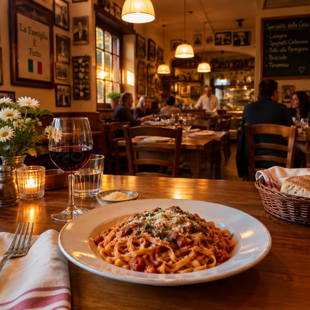 A plate of homemade pasta on a warm, candlelit dining room table